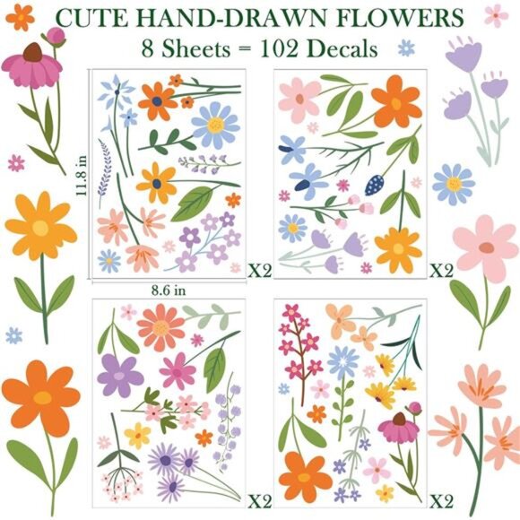Floral Wall Decals 102 Pcs Peel Stick Flower Stickers Bedroom Kids Nursery Decor - Picture 2 of 8